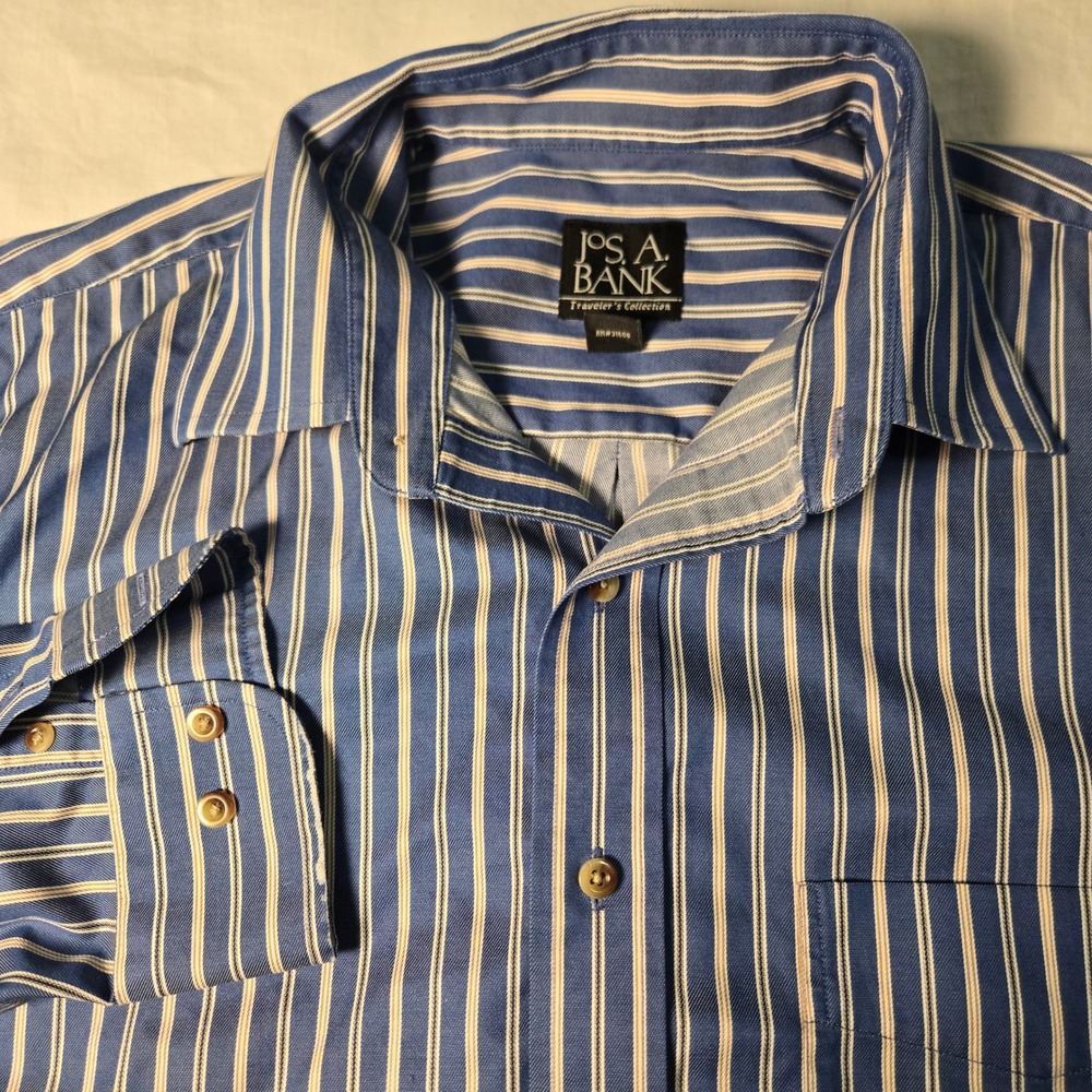 Jos A Bank Shirt Travelers Collection Mens Medium Tailored Fit Blue Striped L/S